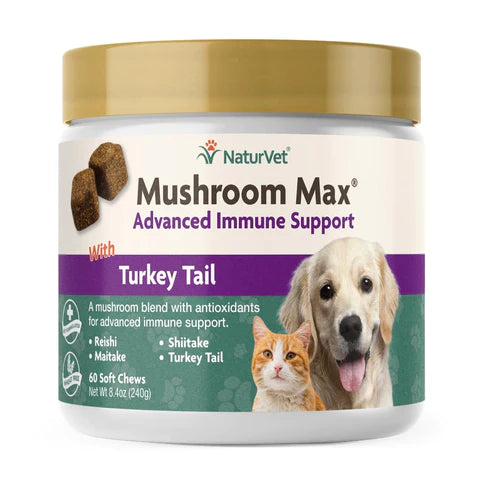 NaturVet - Mushroom Max Advanced Immune Support with Turkey Tail - Dogs & Cats - 60 Soft Chews Net Wt. 8.4 oz (240g)