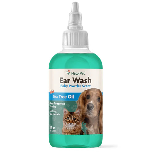 NaturVet - Ear Wash - Baby Powder Scent Plus Tea Tree Oil - Cats & Dogs - 8 fl oz (Net 236mL)